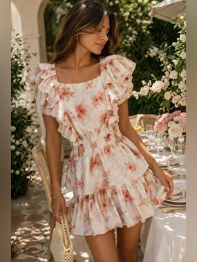 LoveShackFancy Natasha Mini Dress Pink Floral Ruffle Size M